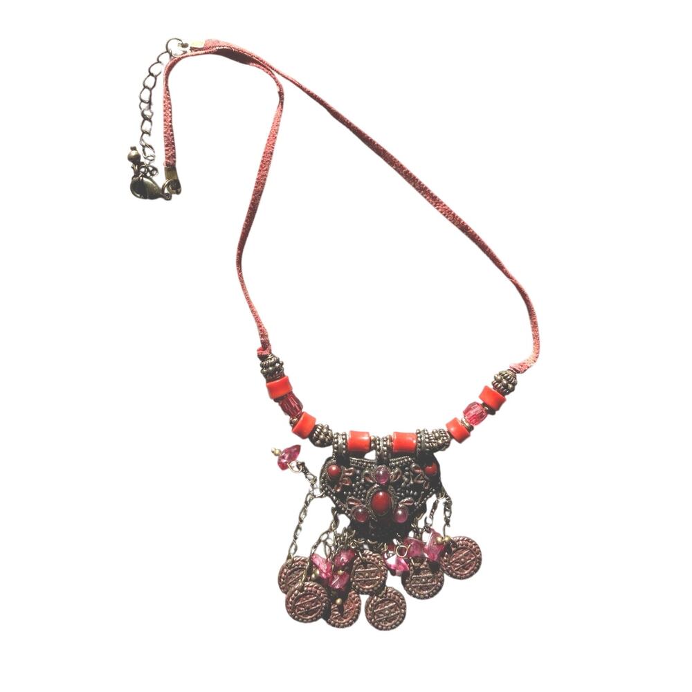 NECKLACE Vintage Victorian Boho handmade red beads, coins chips bronze look